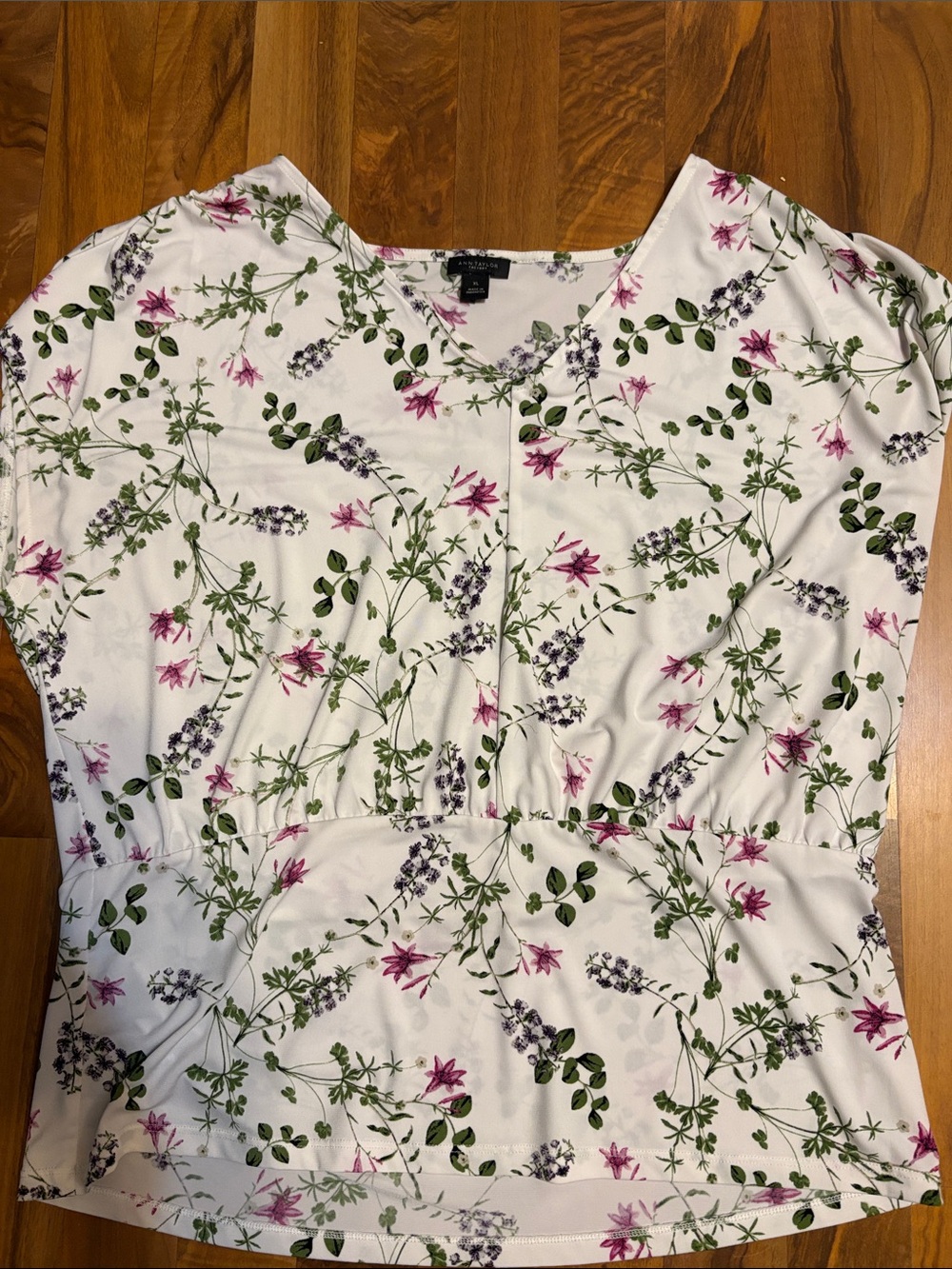 Ann Taylor White Floral V-Neck Blouse with Pink & Green Sprigs